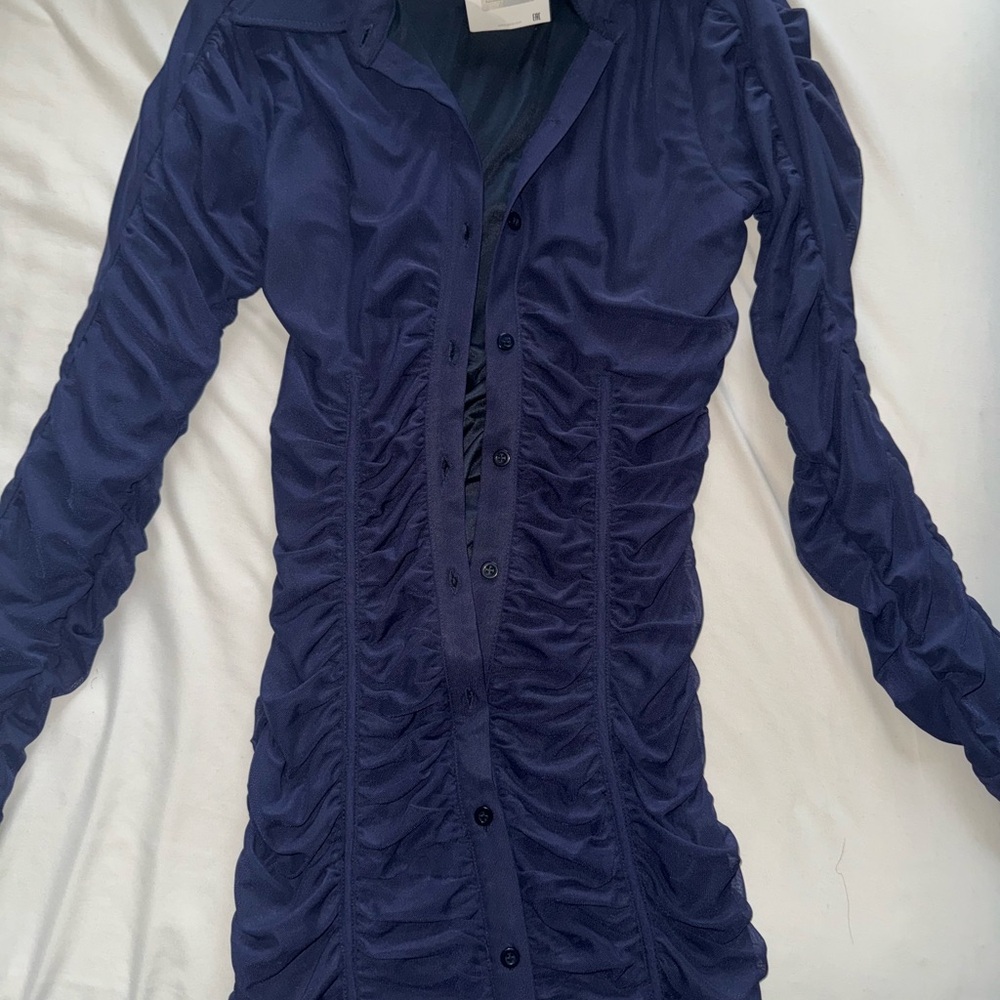 Elegant Navy Ruched Button-Up Dress